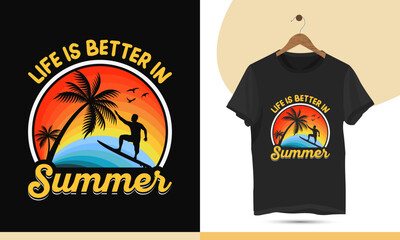 Summer vintage retro t-shirt design template. Illustration with palm tree, sunrise, and Surfboard silhouette. it can be used for any print item. Design quote - life is better in summer.
