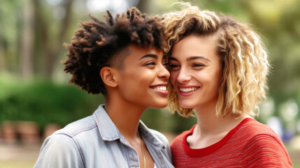 Fototapeta premium LGBTQ+ community Sunlit moment captures young, diverse gay women, tenderly embracing. Love radiates, intertwining their souls, a heartfelt portrait etched in time. Generative AI