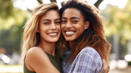 Obraz premium LGBTQ+ community Sunlit moment captures young, diverse gay women, tenderly embracing. Love radiates, intertwining their souls, a heartfelt portrait etched in time. Generative AI