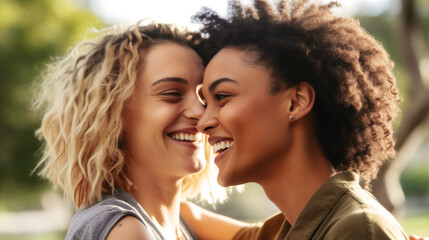 LGBTQ+ community Sunlit moment captures young, diverse gay women, tenderly embracing. Love radiates, intertwining their souls, a heartfelt portrait etched in time. Generative AI