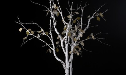  a white tree with leaves on it in the dark night.  generative ai