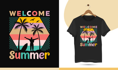 Welcome Summer - Beach party retro-style t-shirt design template. Summer sunset design on black background. Vector graphics for shirts, mugs, and other print items.