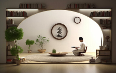 a man sitting in a Japanese room set up following the principles of Feng shui - created by generative ai