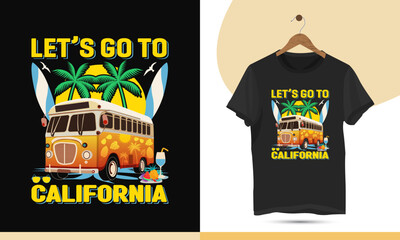 Summer California travel t-shirt design template. Illustration with beach, surfboard, sunrise, palm tree, and sunglass silhouette. this design can be used for kids and other print items.
