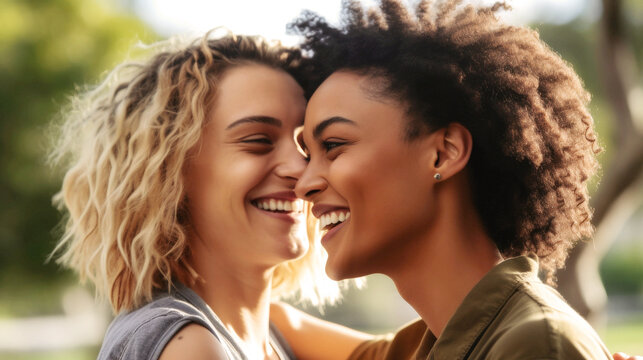 LGBTQ+ community Sunlit moment captures young, diverse gay women, tenderly embracing. Love radiates, intertwining their souls, a heartfelt portrait etched in time. Generative AI