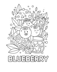 Coloring page with cute cupcake, cream, blueberry, leaves. Muffin with berries in kawaii style.