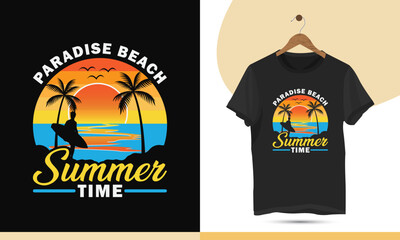 Paradise Beach Summertime t-shirt design template. Simple design for the summer with a Sea, sun, bird, Palm tree, and Surfboard silhouette.