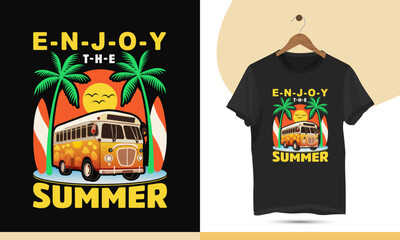 Enjoy the Summer Time - beach travel t-shirt design vector template. Graphic illustration with a bus, Palm tree, surfboard, and sunrise theme. it can be used for kid's shirts and other print items.