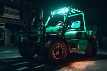 Forklift that is colored green. Generative AI