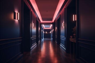 Emotive dusty rose and navy blue decor with symmetric neon lights in 8k definition, creating polished walls and soft focus in a posh hotel hallway. Generative AI
