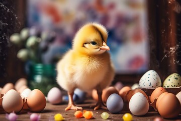 Adorable baby chick surrounded by colorful Easter eggs in a whimsical watercolor painting. Generative AI