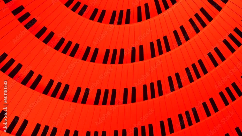 Poster blue and red rotating stripes. design. a bright piano made in computer graphics with keys that rotat