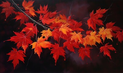 Fototapeta premium a branch with red and yellow leaves hanging from it's branches. generative ai