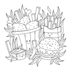 Black and white coloring page of cute doodle junk food for children.