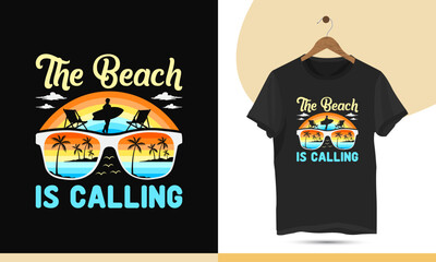 The Beach is Calling T-shirt Design vector template with sunglass, palm tree, cloud, surfboard, and bird silhouette.