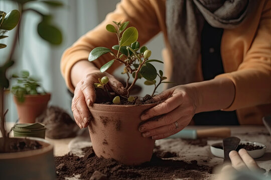 woman planting a plant in a pot, with other pots and plant in the background with Generative AI