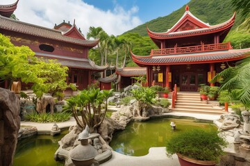 Obraz premium illustration, chinese style villa in the tropics, ai generative
