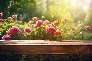 Blooming flowers on wooden table in green garden with bokeh and flare effect. 4k resolution. Nature. Generative AI
