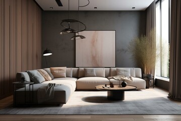 Contemporary comfy interior with blank wall concept. Rendered in 3D. Generative AI