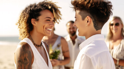 LGBTQ wedding Sun-kissed beach wedding, diverse gay women, loving couple, friends, flowers, laughter, joy, heartwarming, vows, tender moments, love, unity, celebration, sand, happiness. Generative AI