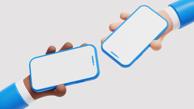 3D two diverse cartoon hands holding mobile phone. Modern mockup. Promotion or marketing concept on white background, 3d illustration