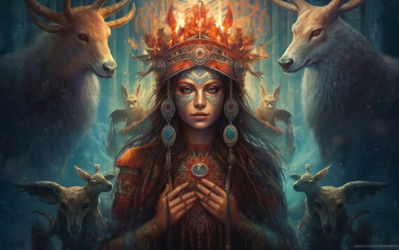 an old world shaman woman is channeling the animal gods- created by generative ai
