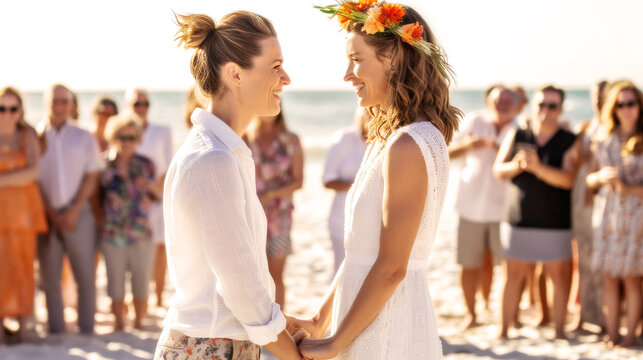 LGBTQ wedding Sun-kissed beach wedding, diverse gay women, loving couple, friends, flowers, laughter, joy, heartwarming, vows, tender moments, love, unity, celebration, sand, happiness. Generative AI