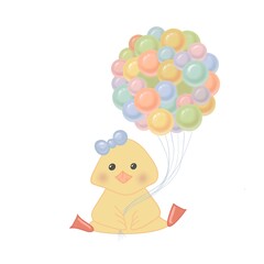 Cute yellow chicken with a blue bow and balloons. Digital illustration.