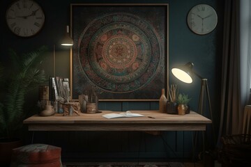 Bohemian-style poster mockup displayed in a home office with a 3D rendered effect. Generative AI