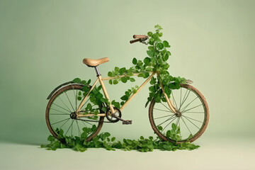 Bicycle made of natural green plants. Eco friendly transportation. Zero emission and no pollution transport concept. Created with Generative AI