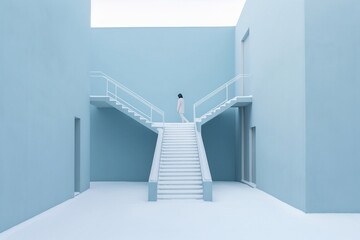 blue stairs, split, person walking on blue stairs, baby blue