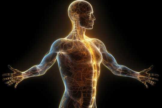 Astral body silhouette on dark background. Esoteric, spiritual life and meditation concept. Afterlife and connection with other worlds. Created with Generative AI