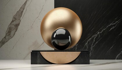 a black ball on top of a gold egg 3d illustration, generative ai