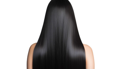 Fototapeta premium Back View of Woman with Beautiful Shiny Straight Keratin Black Hair. AI generative. Isolated on White Background