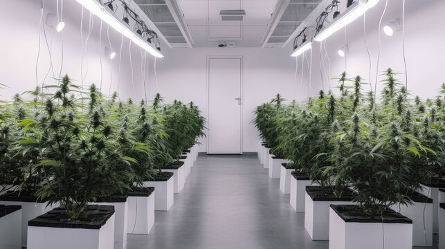 Generative AI illustration of a marijuana cannabis plantation in a white room