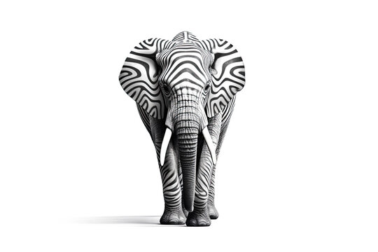 Elephant with Black and White Zebra Stripes. AI generative. Isolated on white.