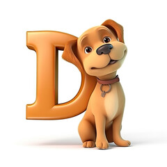 Kids alphabet. Cute cartoon brown dog standing near letter D on white background. Children abc lettering. AI generative