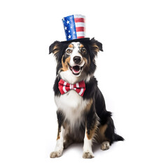 Funny dog in a hat and tie in the colors of the American flag. Isolated on a white background. Happy 4th Of July Independence Day card. Generative AI illustration.