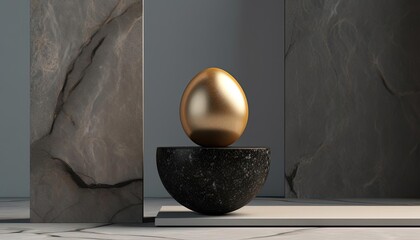 a black ball on top of a gold egg 3d illustration, generative ai