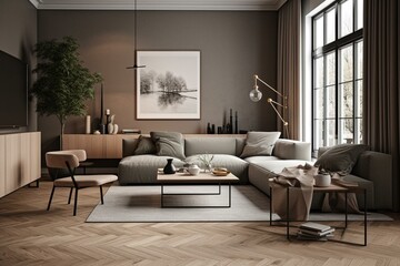 Fototapeta na wymiar Scandinavian living room with wall mock up in 3D. Generative AI