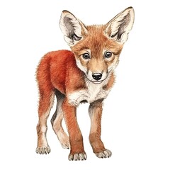 Fototapeta premium Baby Red Wolf watercolor with ink outline on white background, high detailed (generative AI)