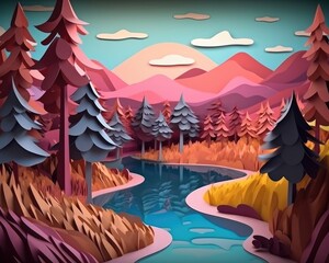 A paper-cut style fantasy landscape of trees, lake and mountains illustrated in 3D. (Generative AI)