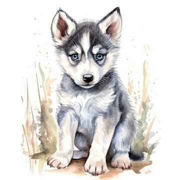 Baby Husky watercolor with ink outline on white background, high detailed (generative AI)