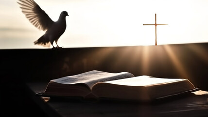 Bright sunlight, white dove and bible. - obrazy, fototapety, plakaty