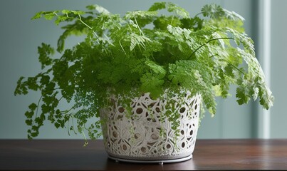  a green plant in a white pot on a wooden table.  generative ai