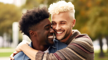 Fototapeta premium LGBTQ+ community Sunlit moment captures young, diverse gay men, tenderly embracing. Love radiates, intertwining their souls, a heartfelt portrait etched in time. Generative AI
