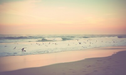 Fototapeta na wymiar a flock of seagulls flying over the ocean at sunset. generative ai
