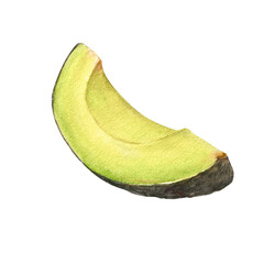 Watercolor illustration of appetizing green sliced hass avocado, isolated