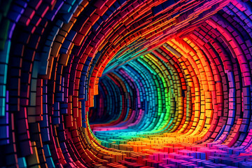 Neon tunnel with fluorescent lights running down the top