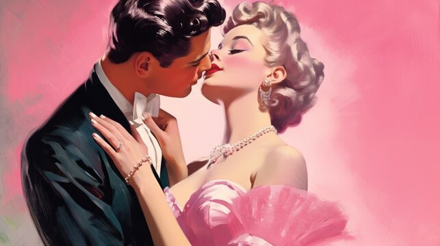 man kissing beautiful young woman in fifties clothes . generative AI